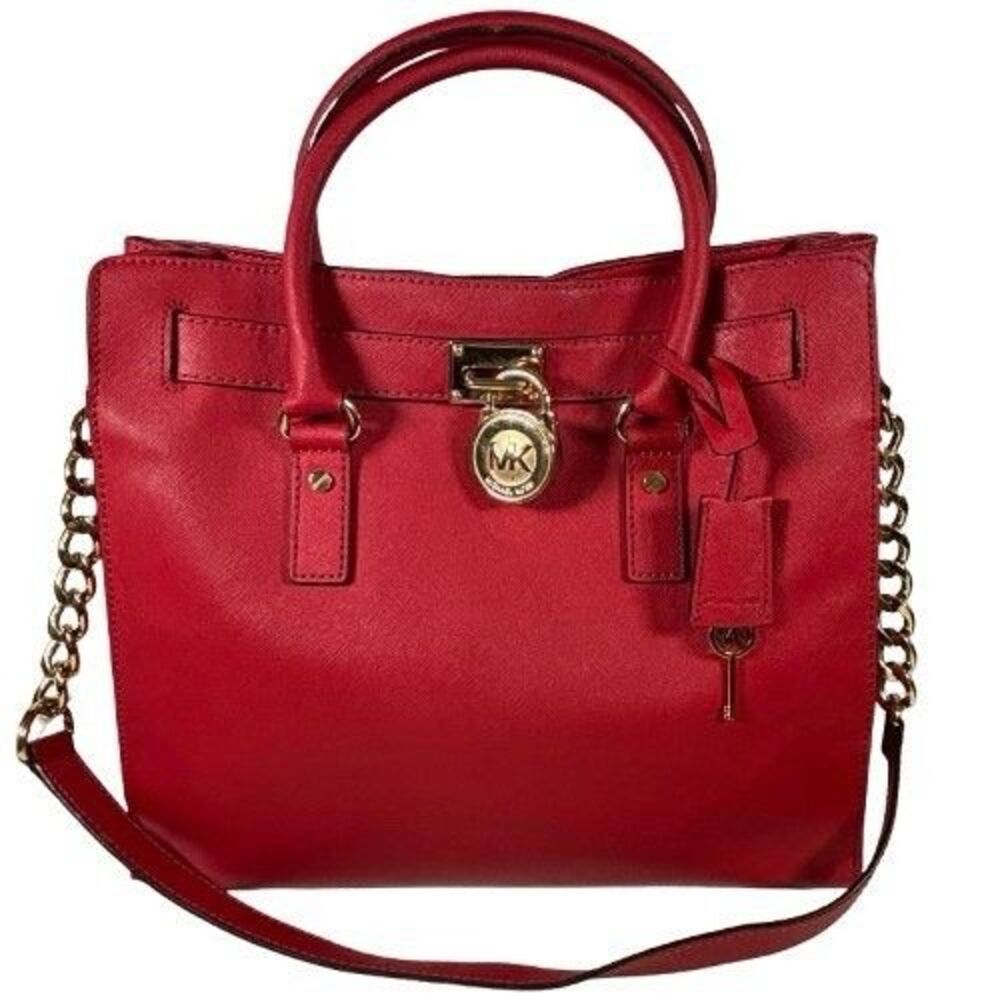 Michael Kors Hamilton Large Red Leather Satchel Tote Shopper Shoulder Bag Purse